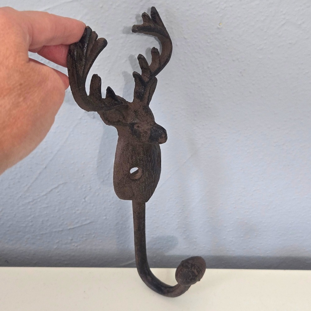 Cast Iron Buck Deer Head Wall Hook Coat Towel Hook Rustic Farmhouse Cabin Lodge - Picture 3 of 12